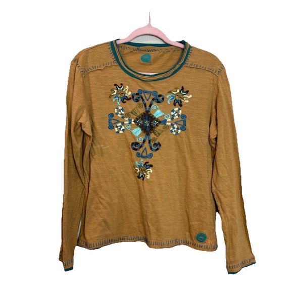 Double D Ranch Size XL Embroidered Yellow Mustard Long Sleeve 100% Cotton Top - Picture 1 of 13